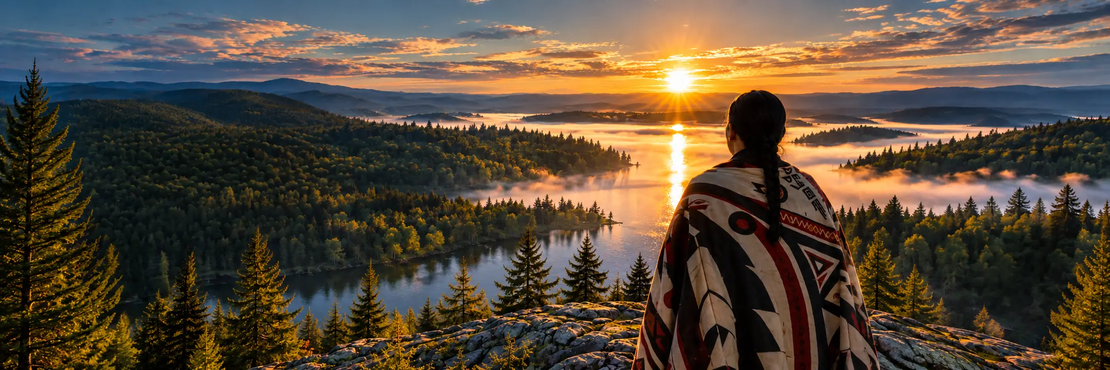 Indigenous woman looking over a forest and lake